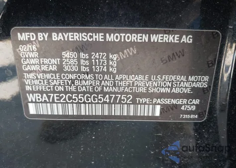 2016 BMW 740 I из США, поврежденный, VIN WBA7E2C55GG547752